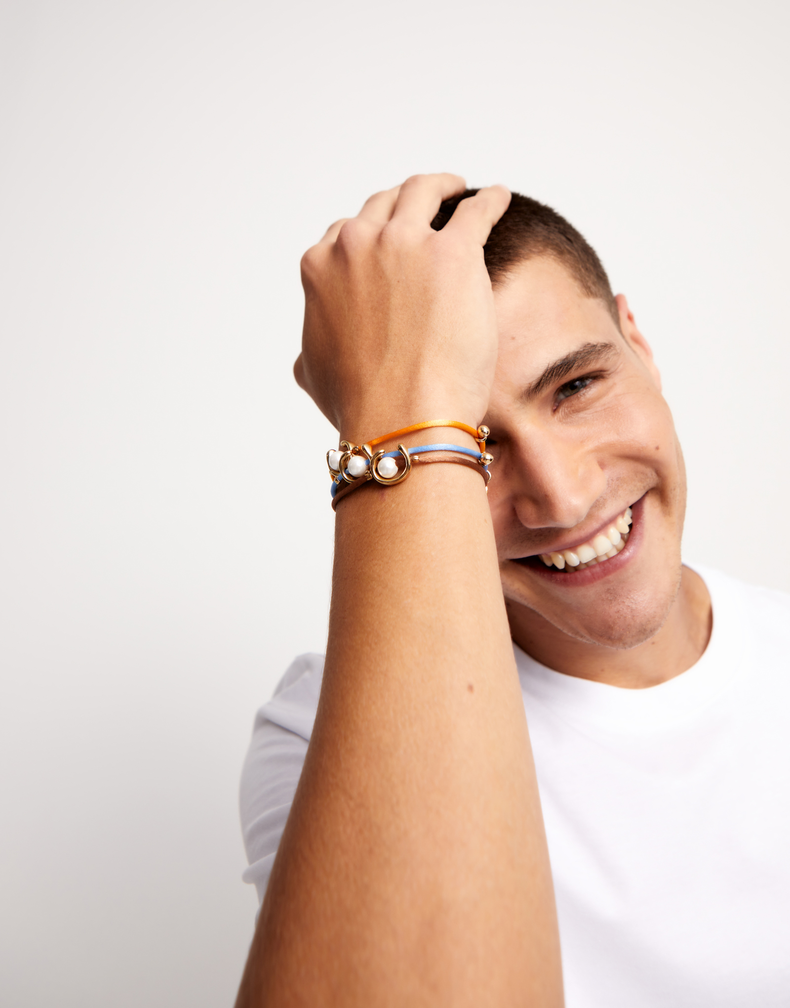 Blue cord bracelet with a pearl, Golden, large thumbnail